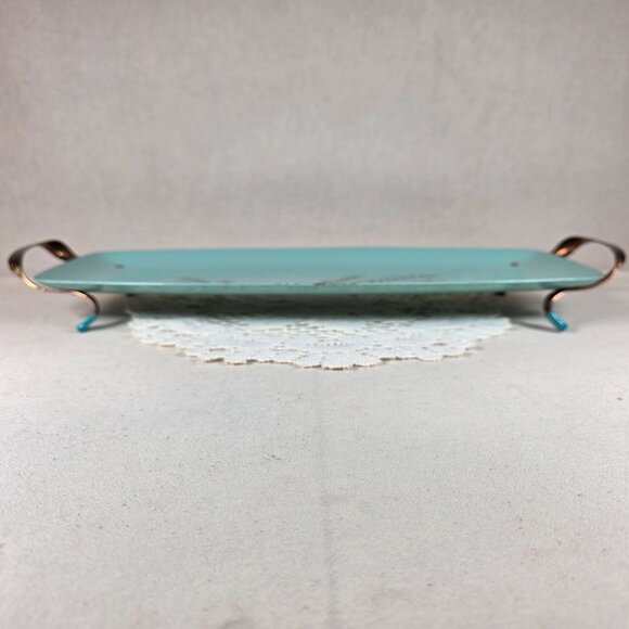 Vintage Turquoise Wheat Motif Enamel Serving Tray With Copper Handles - Picture 2 of 10